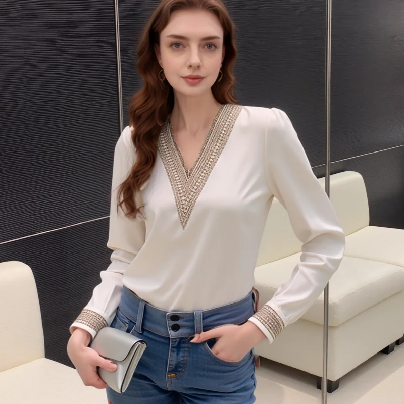 

2025 Fashion Spring Women Elegant Lace Shirts New White V Neck Casual Loose Long Sleeve Blouses Autumn Office Lady Tops