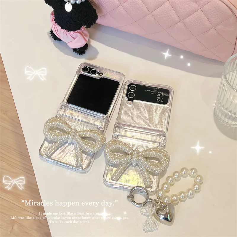 For Samsung Galaxy Z Flip 5 4 3 Case 3D Pearl Bow Bracelet Z Flip5 ZFlip 5 ZFlip5 Insert Cards Clear Shockoroof Back Cover