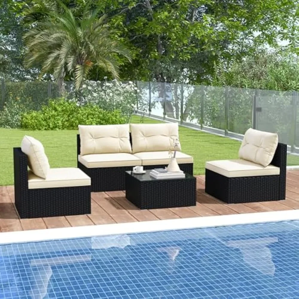 5 Pieces Patio Rattan Sofa Set, Outdoor Furniture Set with Seat & Back Cushions, Square Coffee Table