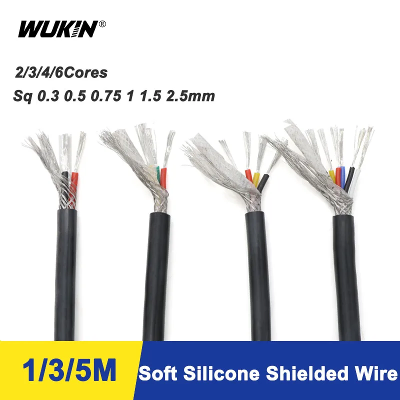 1/3/5M 2/3/4/6Core Soft Silicone Rubber Shielded Cable Sq 0.3 0.5 0.75 1 1.5 2.5mm Flexible Insulated Tinned Copper Sheath Wire