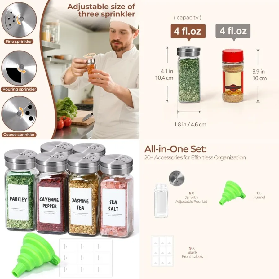 Spice Jars with Shaker lids Adjustable, 4oz 6PCS, 9 DIY Labels, Spice Jars Trial Set Supplement Set, Empty Ingredient Container