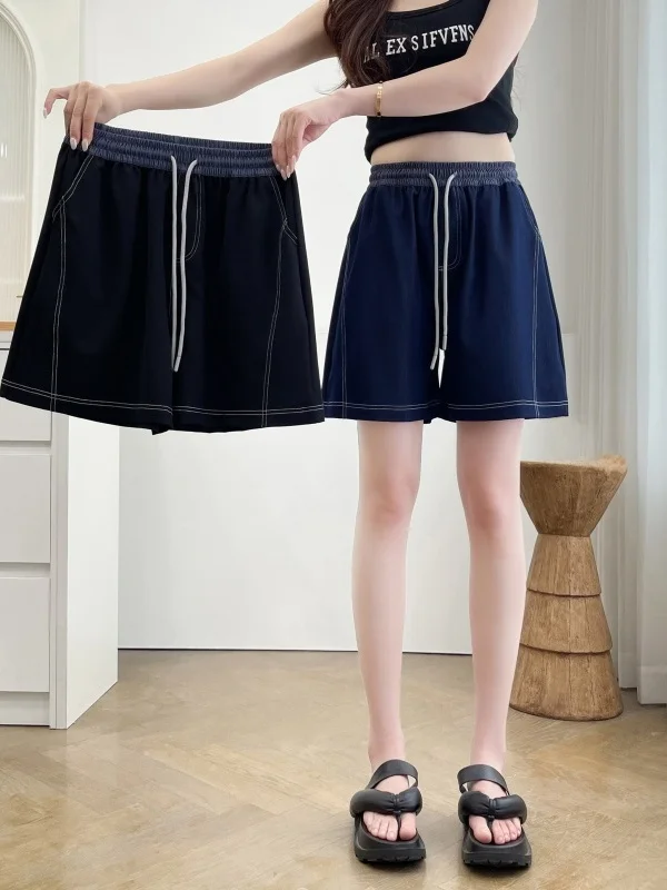 

High Waist Drawstring Shorts Summer Loose Slimming A-Line Wide Leg Pants Large Size Embroidered Denim High Waist Korean Style