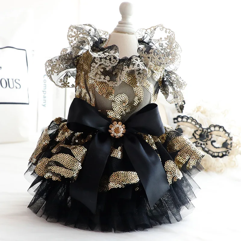 Handmade Luxury Pet Dog Clothes Fashion Fine Black Gold Lace Sequin Bow Party Wedding Princess Dress For Small Medium Dog Poodle