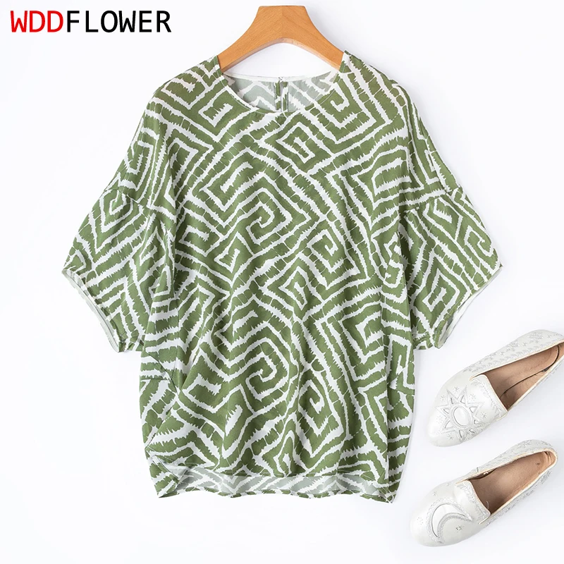 

Women Silk Blouse 100% Mulberry Silk Loose Type Green Geometric Printed Puff Short Sleeve Pullover Top Shirt Summer M L XL M1580