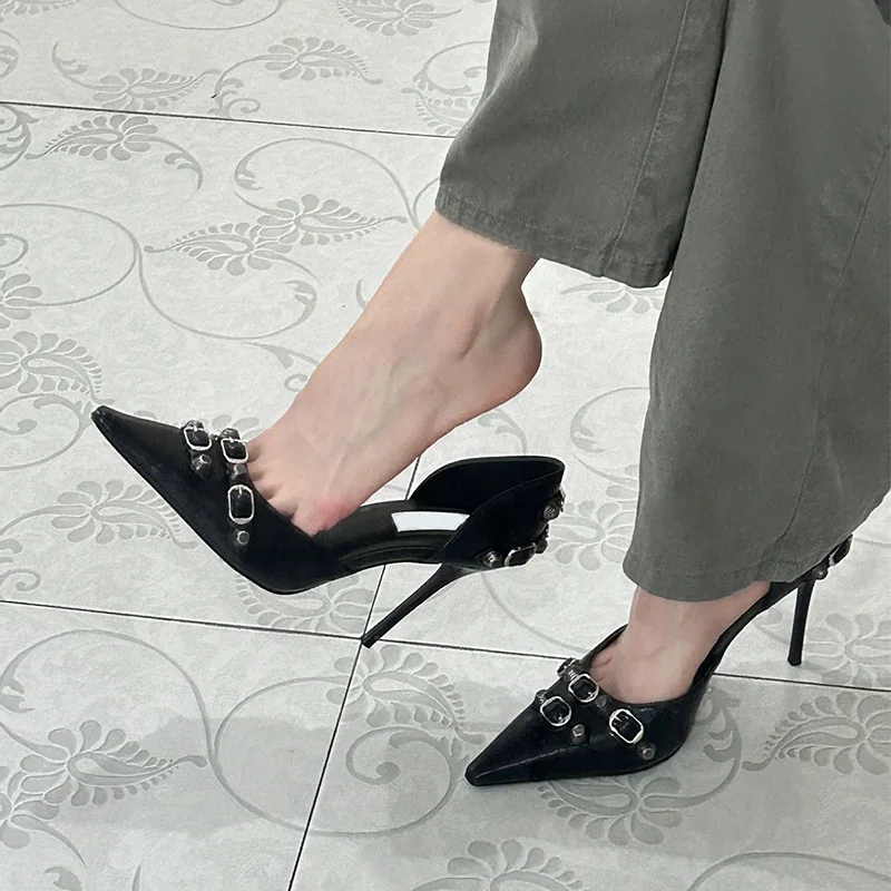 Dark Punk Statement Stiletto Heels | Black Pointed-Toe Pumps with Multiple Metal Buckles & Edgy Design