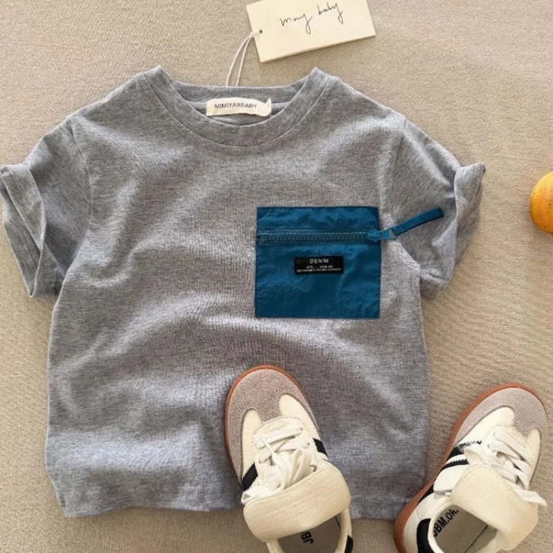 RAISE Summer Children Boys T-shirts Thin Pacthwork Pockets Kids Baby Boys Tees Round Collar Toddler Boys Short Sleeves 1-10Y Top