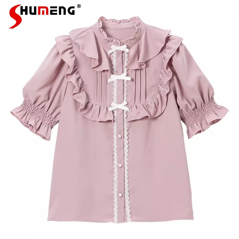 

Japanese Mine Sweet Puff Short Sleeve Ruffles Collar Bow All-match Solid Color Chiffon Single-breasted Shirt Blouse Women Summer