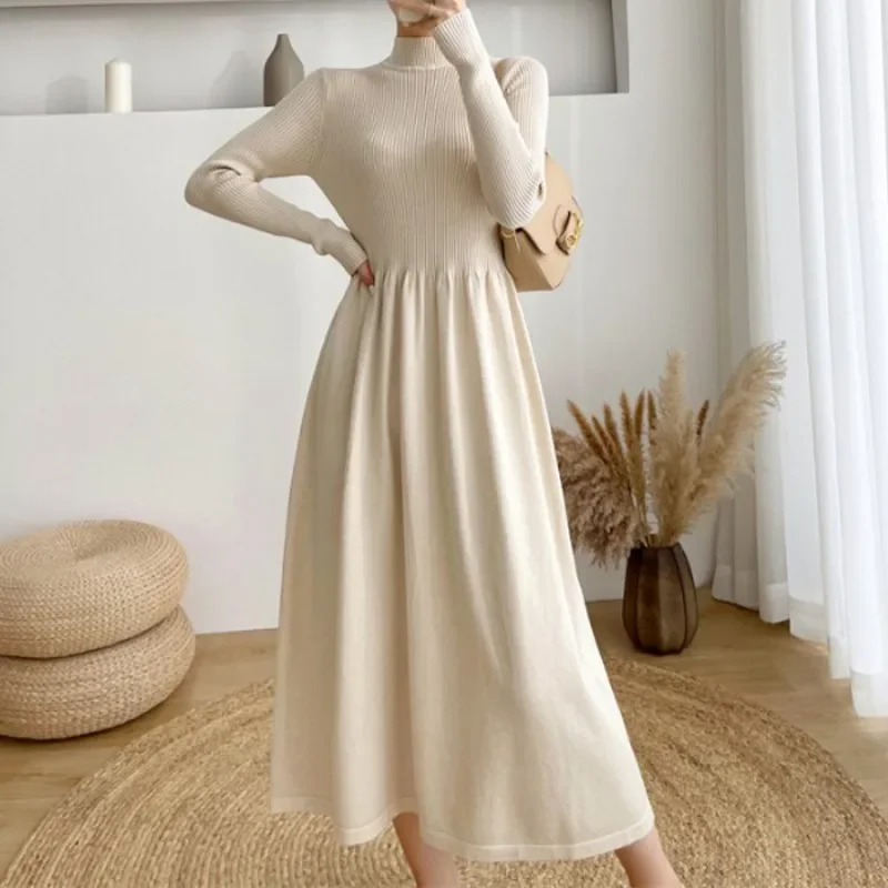 Half High Collar Mid Length Elegant Wind-driven Fur Dress 2024 Autumn and Winter New Long Sleeved Base Knitted Dress for Women