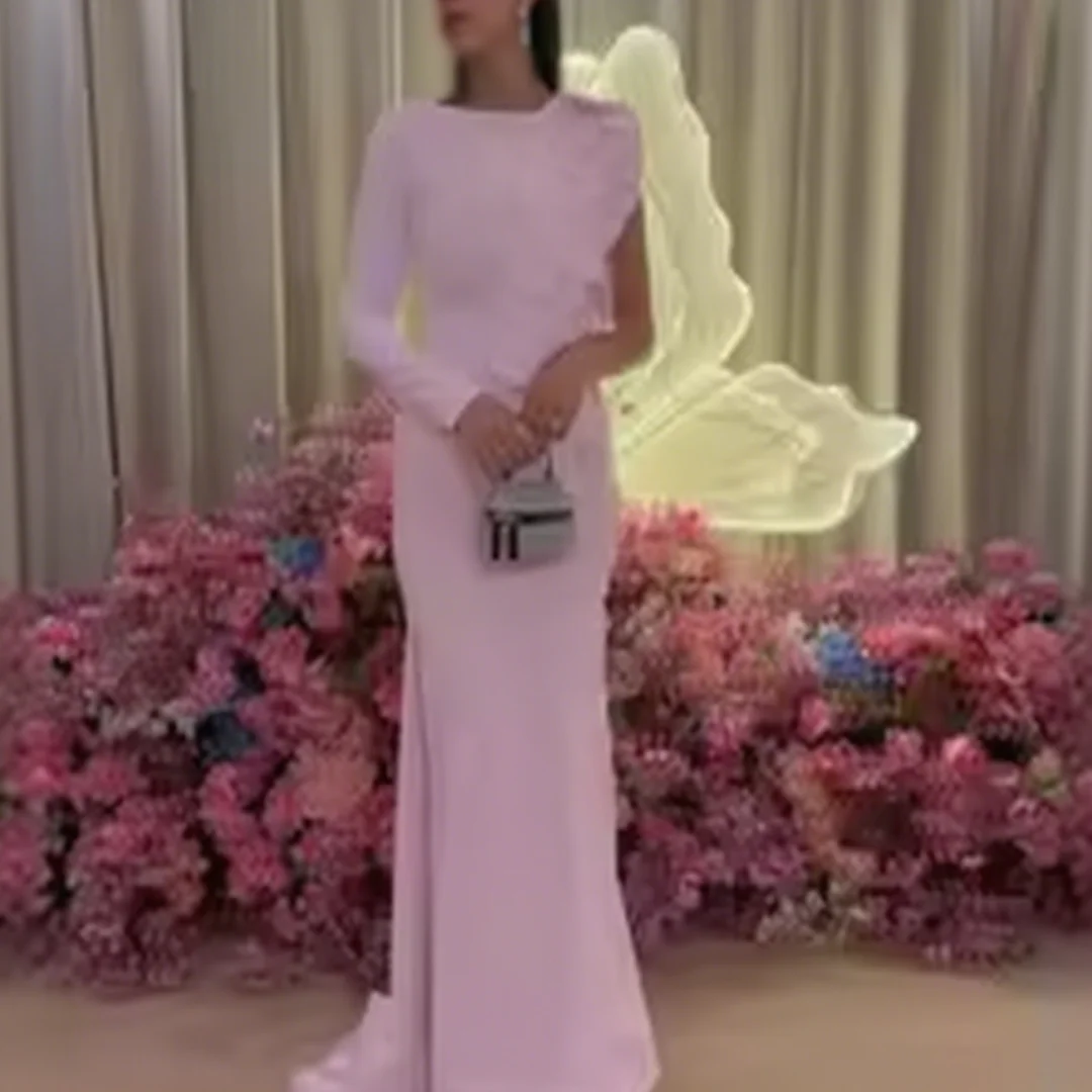 

Customized High Quality One Shoulder Floor Length Sweep Train Pink Wrinkle High Collar Evening Dress