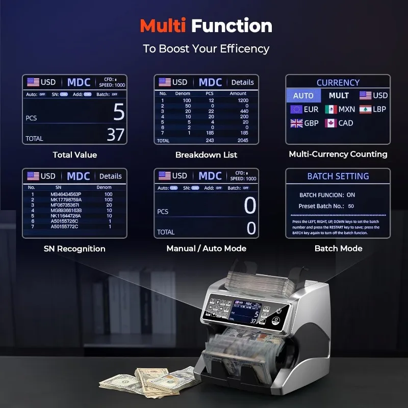 Machine de compteur d'argent de qualité bancaire, détection de faux billets, compteur de devises, seau à denomination mixte, compatible avec l'imprimante