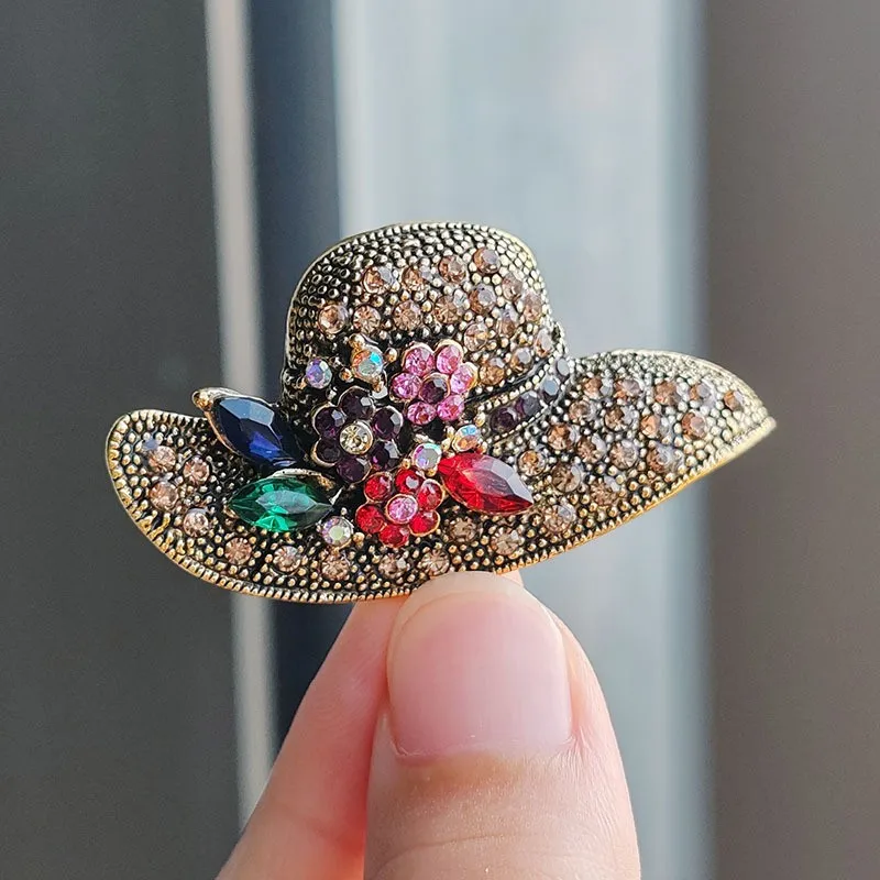 Fashion Retro Alloy Rhinestone Sun Hat For Women Vintage Flower Hat Brooch Clothing Accessories Lady Holiday Jewelry Gifts