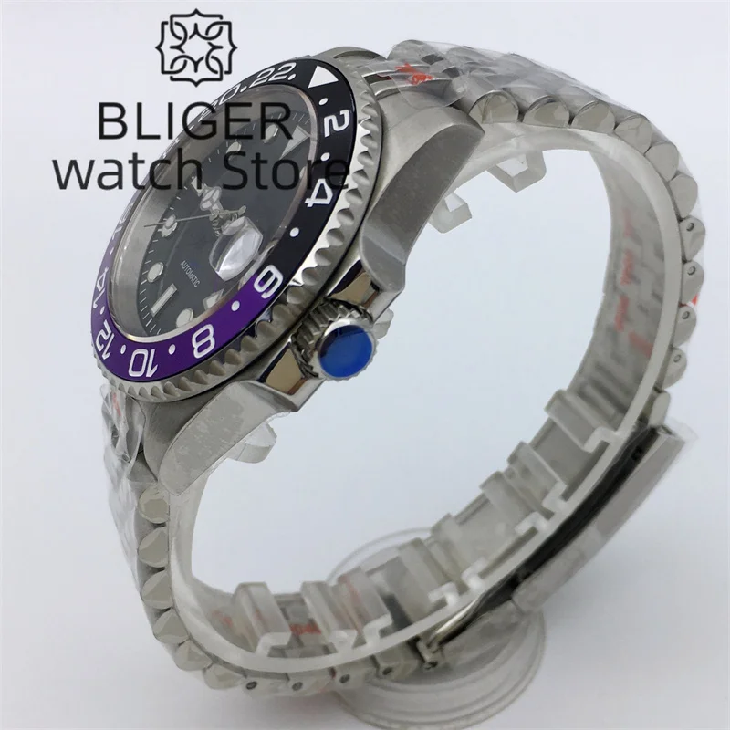 BLIGER 40mm NH34 GMT Watch For Men Mechanical Wristwatch Gray Dial Purple GMT Hand Sapphire Glass 904L Bracelet Reloj Hombre