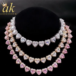 Aokaishen Clustered Heart Tennis Chain for Women Glossy Girl Choker Prong Setting Necklace Pink Hip Hop Jewelry