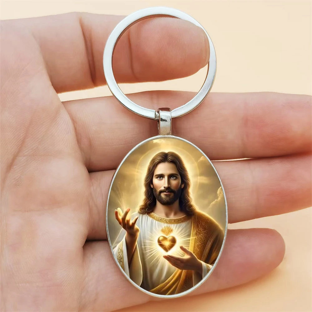 Chaveiro Sagrado Coração de Jesus Luz Divina com Pingente Elíptico Gema do Tempo, Joia Familiar para Aniversários, Festivais, Festas e Presentes Religiosos