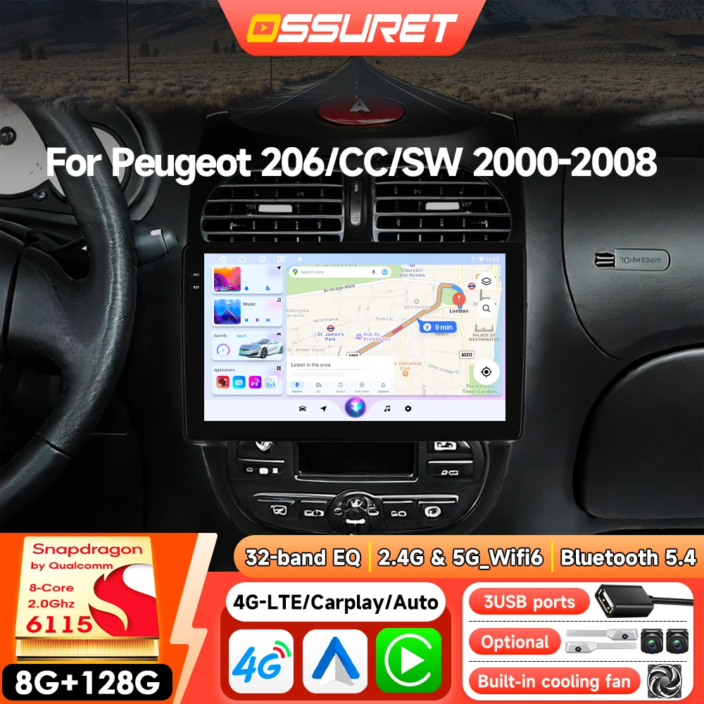 Android Autoradio für Peugeot 206 206CC 206SW 2000-2008 Intelligenter Multimedia-Player Autoradio mit Snapdragon 6115 360-Grad-Kamera
