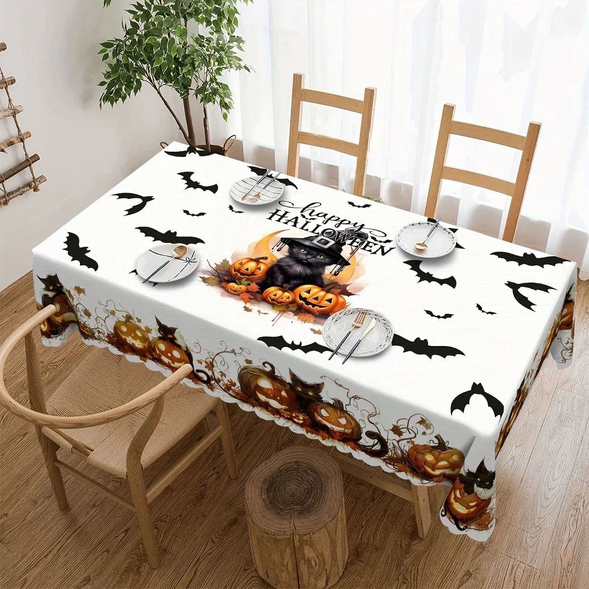 1 item: Halloween cat tablecloth, Halloween pumpkin bat round tablecloth, ghost face pumpkin tableclothyzb