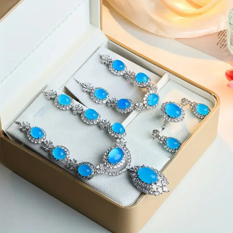 4pcs Exquisite Inlaid Blue Natural Jade Jewelry Set, Fashion Pendant Necklace for Men Woman Holiday Gift