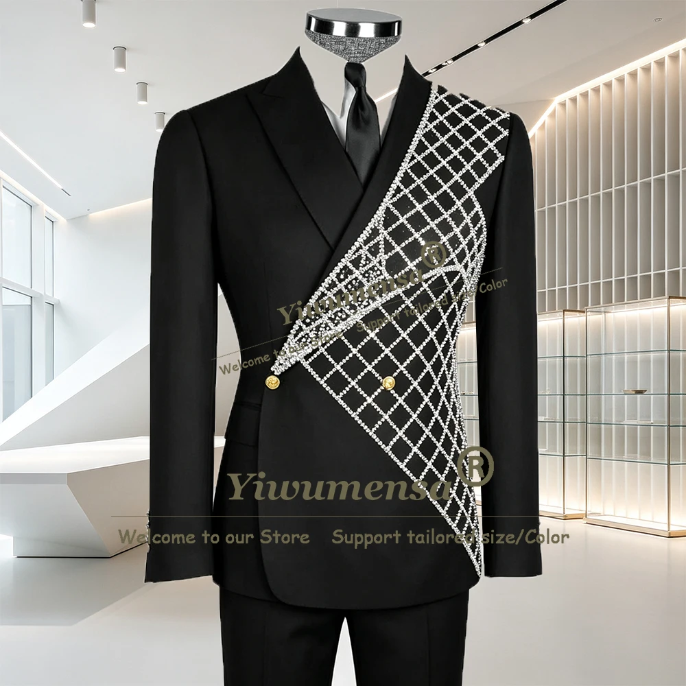 Unique Design Suits Men For Wedding Metallic Jewelry Beading Prom Blazer Customized 2 Piece Sets Double Breated Groom Tuxedo