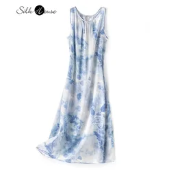 Vacation Style 100% Natural Mulberry Silk Crepe De Chine Sleeveless Loose Blue Halo Dyed Women's Summer Casual Dress