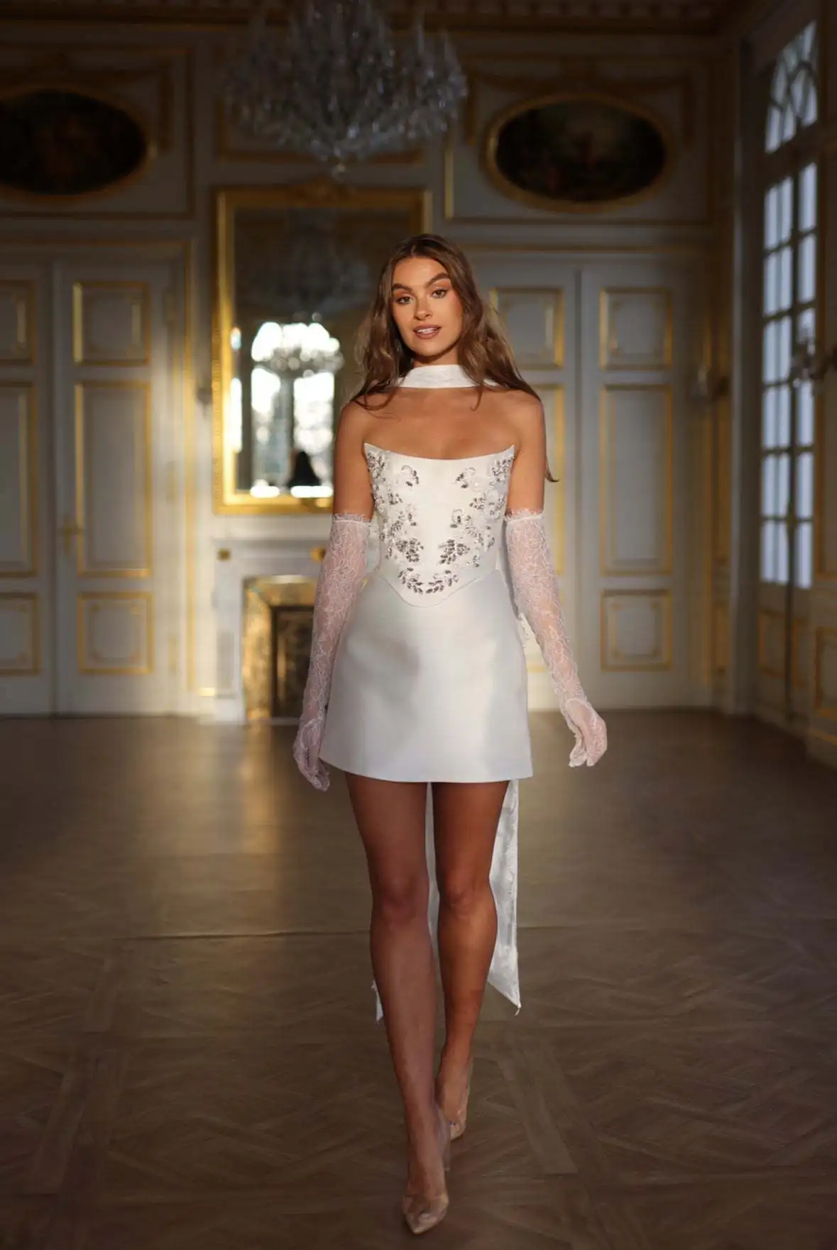 Customize White Off Shoulder Rhinestones Mini Wedding Dress Long Lace Sleeve Vestidos De Novia Corset Gown Party Gown Bride