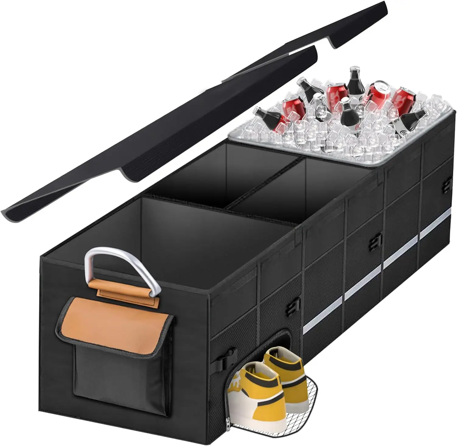 

Органайзер для багажника автомобиля с крышкой, съемная сумка-холодильник и отделение для обуви, складное хранилище для внедорожника (черный)