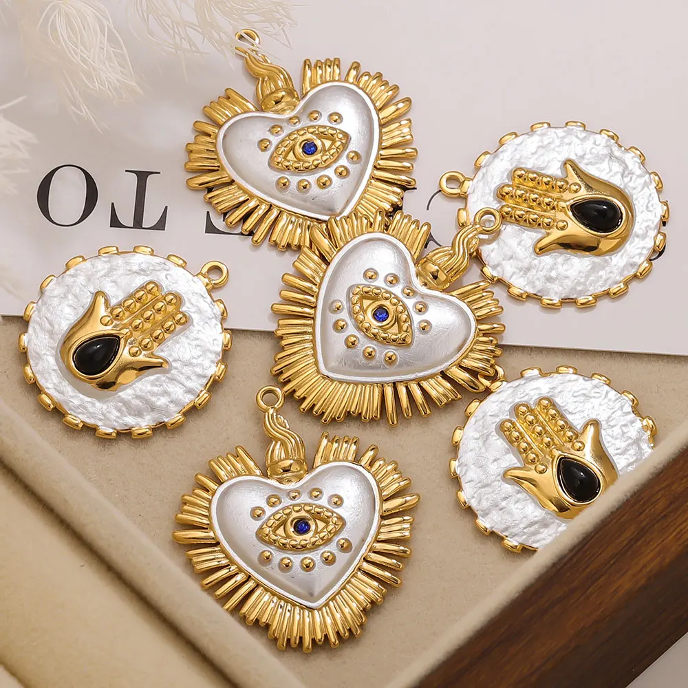2PCS Gold-Plated Stainless Steel Charms Hand Evil Eye Heart Pendant Accessories For DIYJewelry Earrings Making Supplies Finding