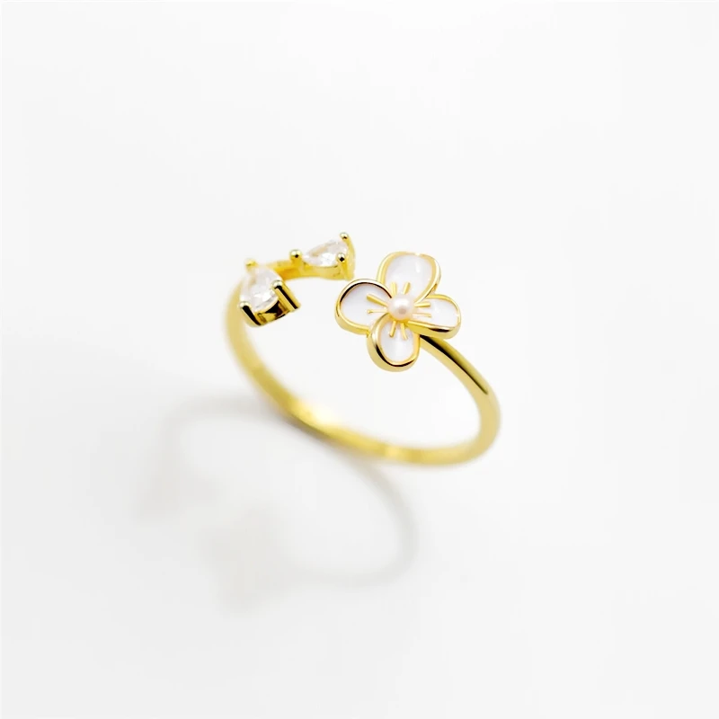 Pearl Shell Zircon 925 Sterling Silver Flower Fine Jewelry Luxury Resizable Opening Female Ring RI1080