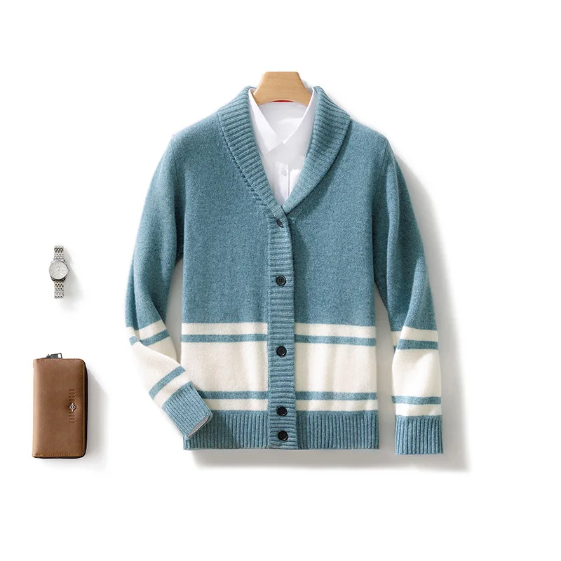 100% Merino Wool Men's Coat Green Fruit Collar Color blocked Loose cardigan Autumn/Winter New Knitted Shirt Men's Clothing Warm