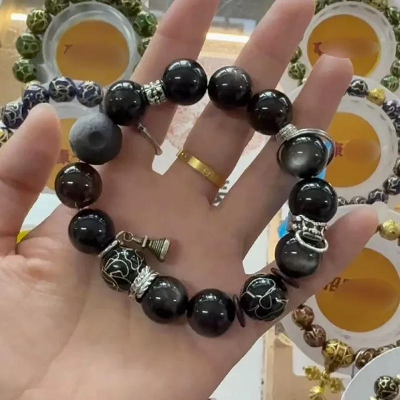

Винтажный браслет из черного обсидиана с серебряной инкрустацией и филигранным узором, уникальные модные украшения в стиле Instagram, оптовая продажа, духовный подарок