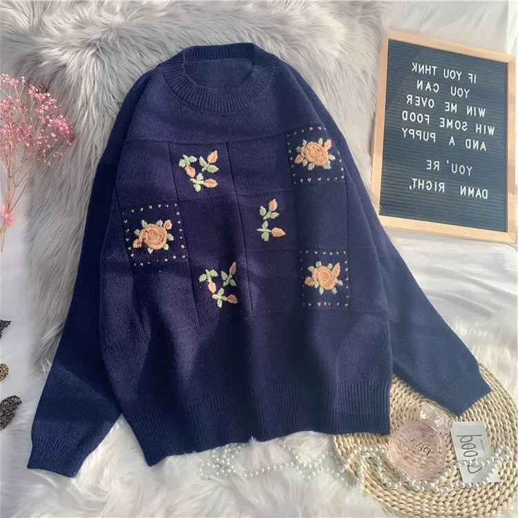 Vintage Floral Embroidery Sweater Women High Quality Korean Style Knitted Oversize Pullover Female Top Autumn Casual Warm Jumper