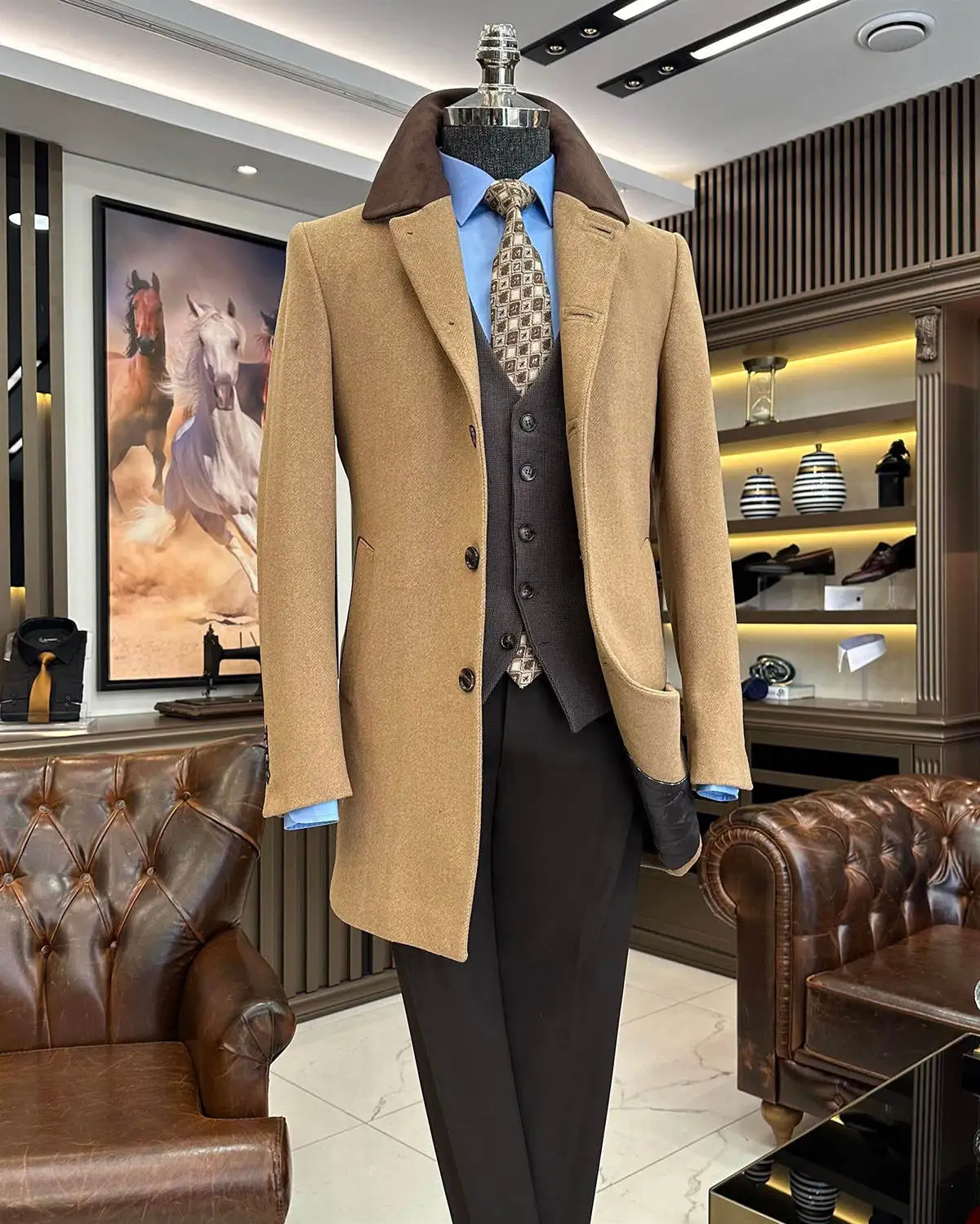 Khaki Business Herringbone Mens Long Overcoats Wool Blend Winter Outwear Custom Made Photography Groom Wear Jacket One Piece