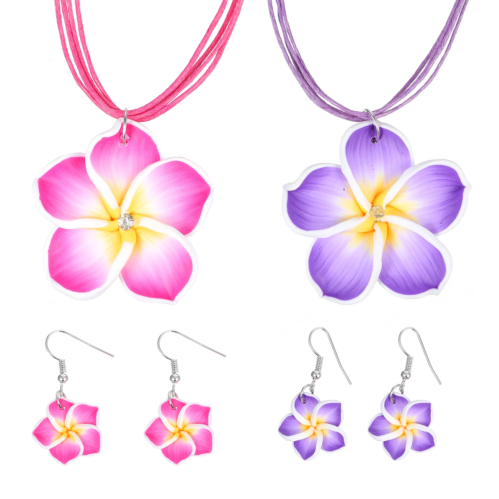 2 Sets Hawaii Theme Jewelry Clay Plumeria Flower Pendant Necklace and Earrings