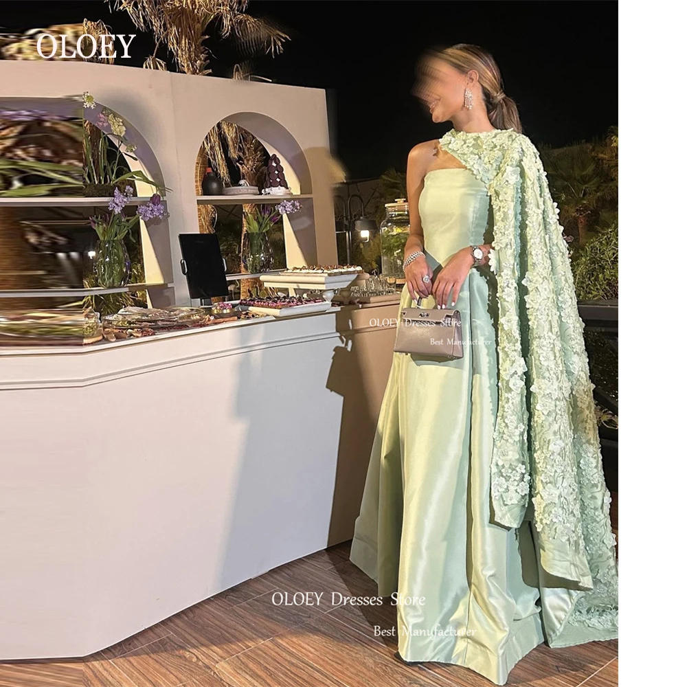 

OLOEY Elegant Sage Green Satin Evening Dresses With Jacket 3D Flowers Strapless Saudi Arabic Party Formal Occasion Prom Gowns