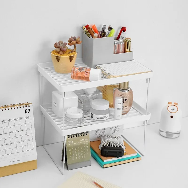 

Double layer adjustable shelf for cosmetic desktop regulation, organization and storage