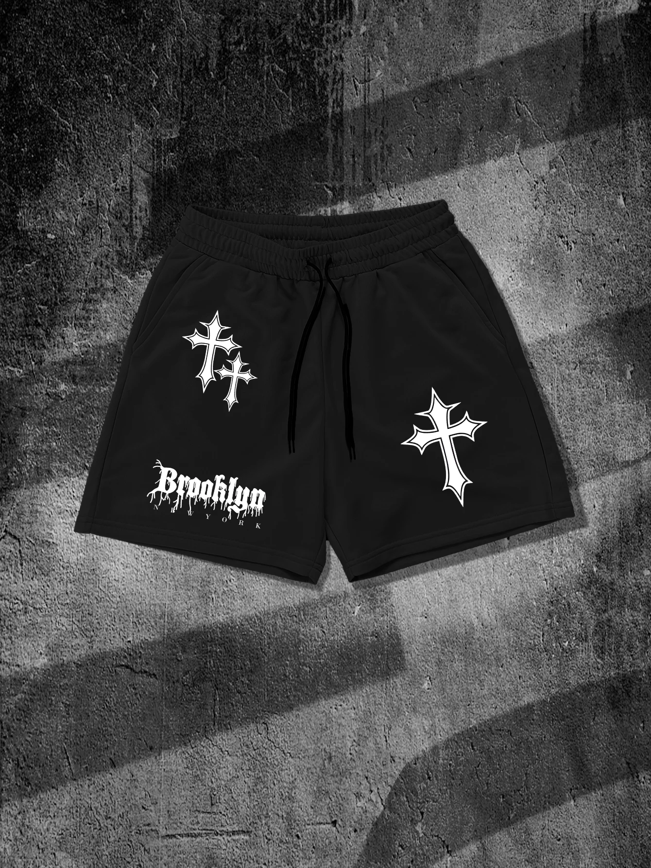 Men's Brooklyn Cross Graphic Oversized Shorts, Gothic Streetwear Drawstring Shorts, Polyester Casual Gym Shorts for Men