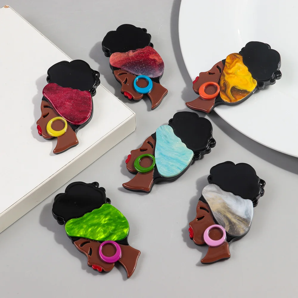 New Acrylic Hairband African Lady Brooches for Women Fashion Black Female Figure Badges Pins Jewelry Casual Accessories Gift