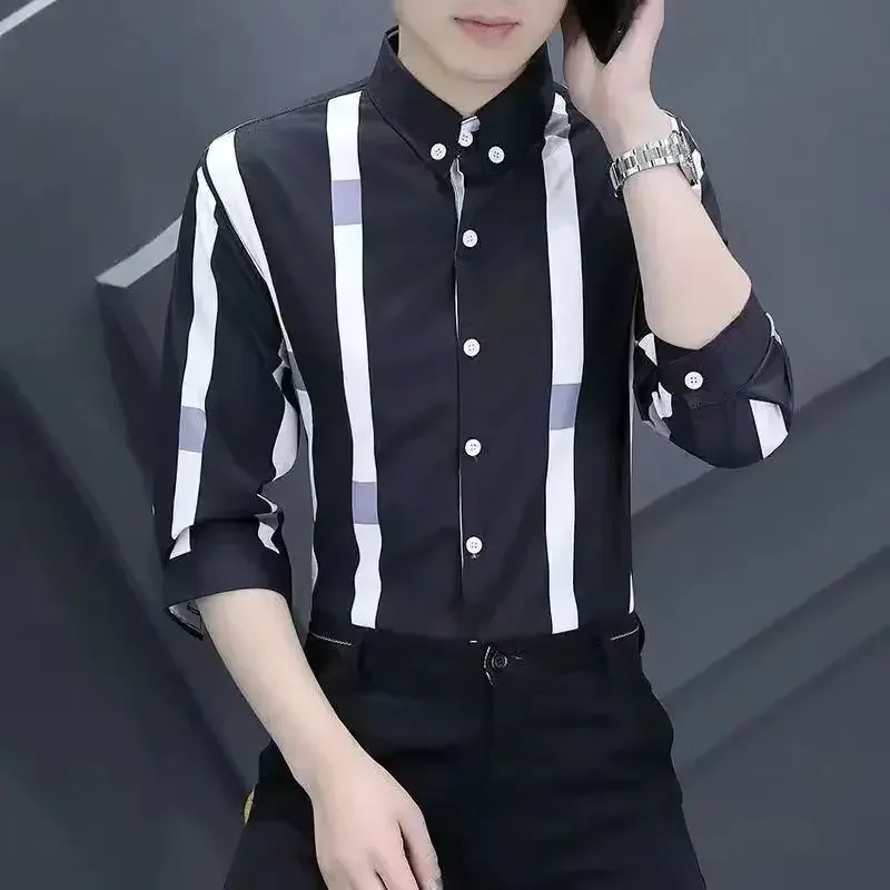 

Fashion Men Striped 3/4 Sleeve Smooth Shirt Spring Summer Korean Clothing New Streetwear Casual Social Business Anti-Wrinkle Top