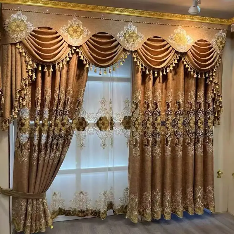 HQYQJJHYR European Luxury High-quality Brown Embroidered Curtains for Villa Living Room Bedroom Kitchen Custom Valance Curtain