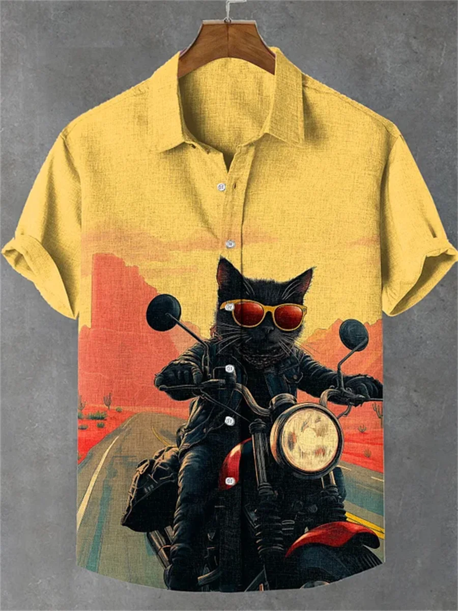 قميص رجالي بأكمام قصيرة مع طباعة قطة، قميص رجالي بياقة، قميص كاجوال فضفاض عصري للشاطئ في الهواء الطلق، قميص هاواي. #4