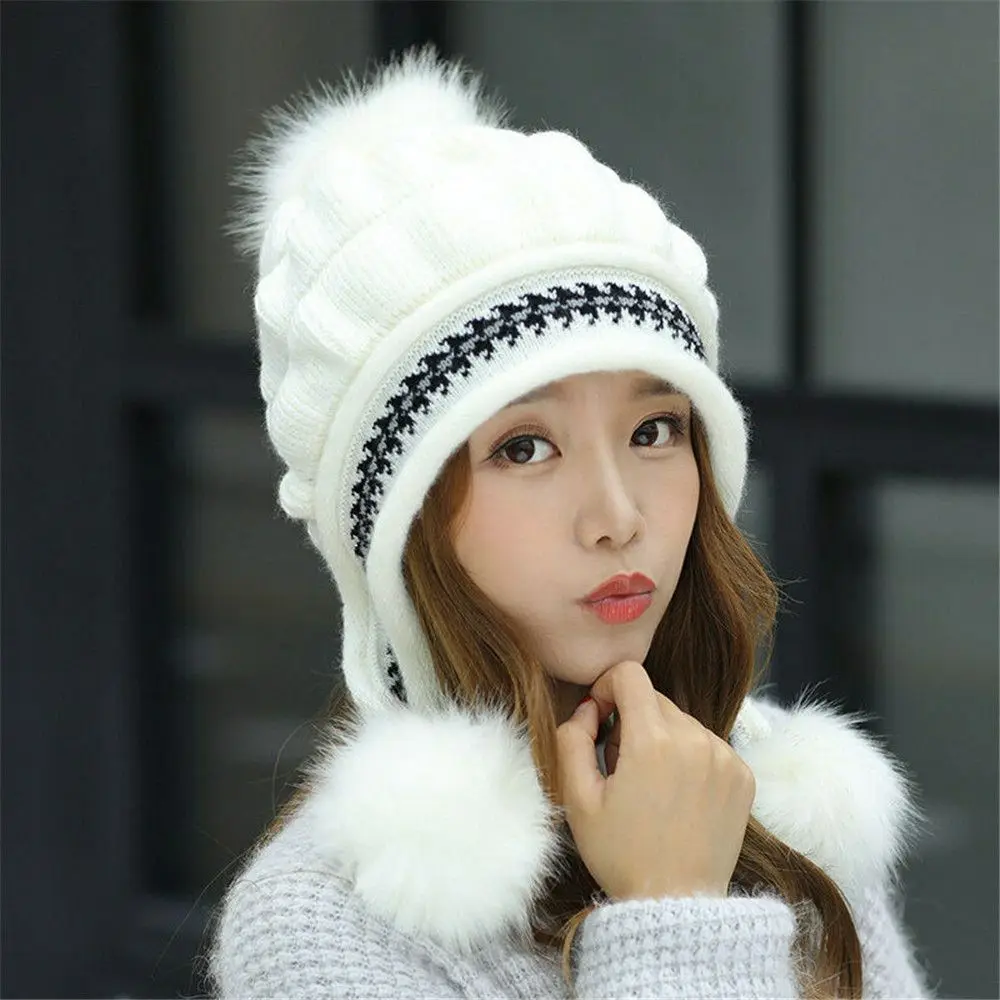 Winter Beanie Hat Gloves Set Ladies Double Pom Pom Fur Skullcap Women Warm Knitted Bobble Ski Cap Outdoor Casual Beret Hat