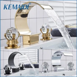 KEMAIDI Polished Gold Bathroom Faucet Dual Crystal Knobs Widespread  Vanity Basin Mixer Tap Bathtub Filler Faucets for Bath Sink