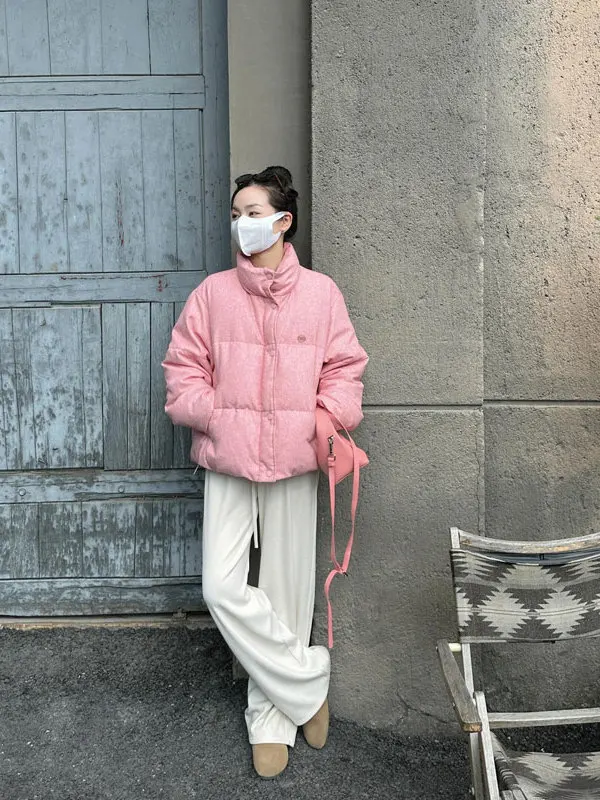 

Sweet Style Thickened Pink Cotton Jacket Women's Winter Korean Small Size High-End Feeling Stand Collar Warmth Outerwear