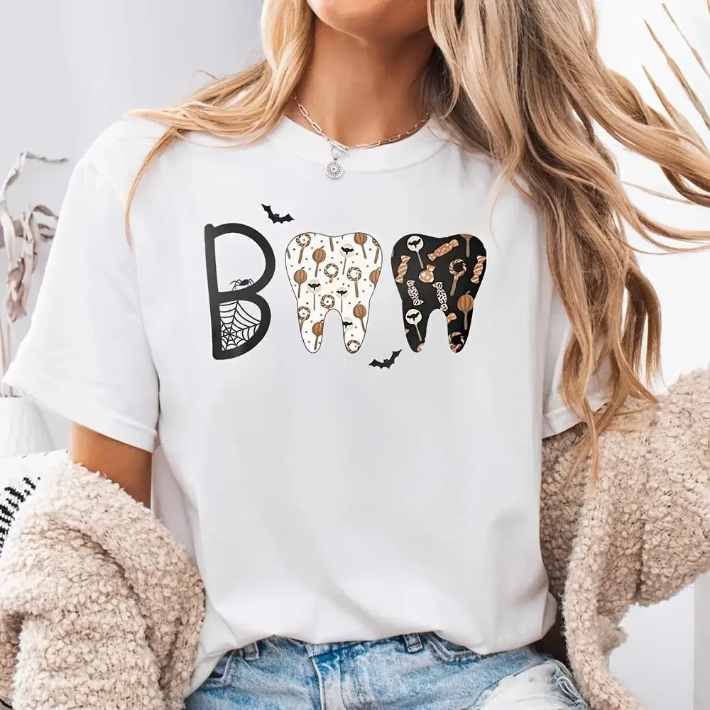 Boo Tooth Halloween Graphic Print T-Shirt, Funny Dental Holiday Top For Party