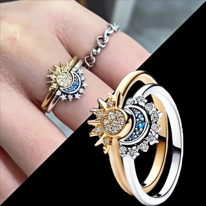 2024 New Celestial Blue Sparkling Moon Sun Star Crystal Ring for Women Fashion Elegant Stackable Finger Band Party Jewelry Gifts