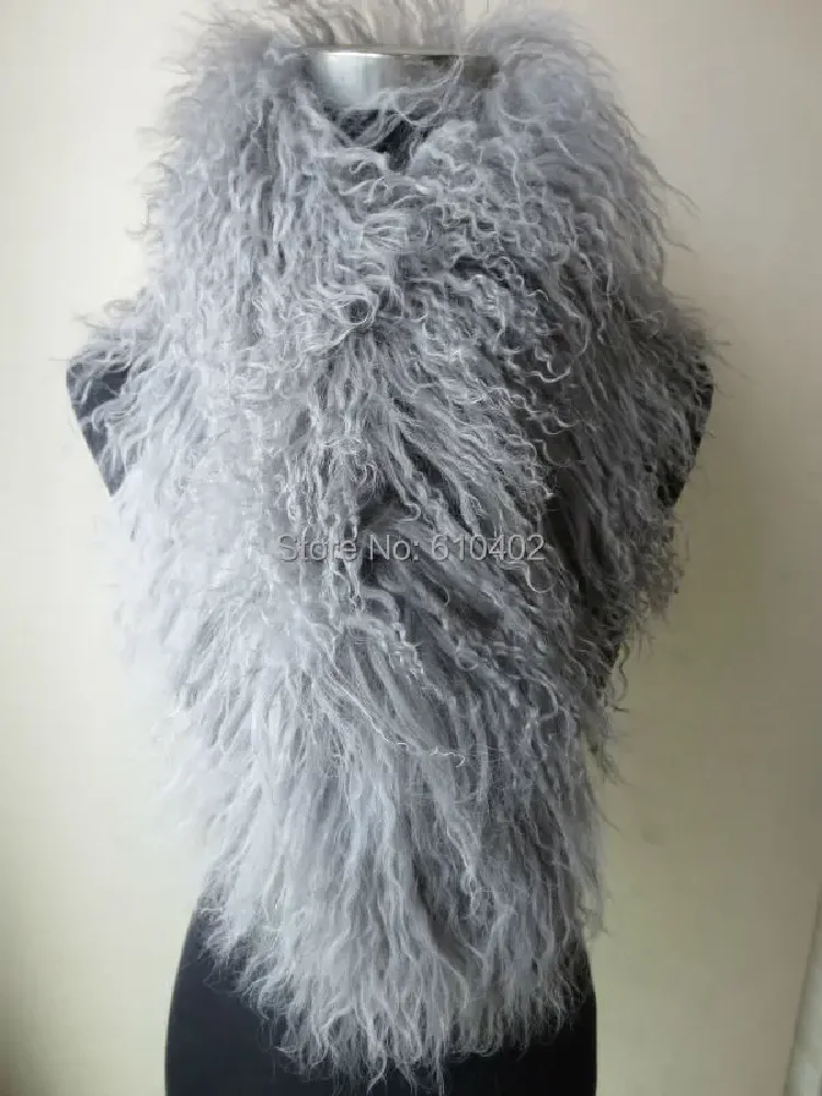 Women\'s 100% Real Mongolia Lamb Fur Cape whole-skin fur Scarf  with clip Gray