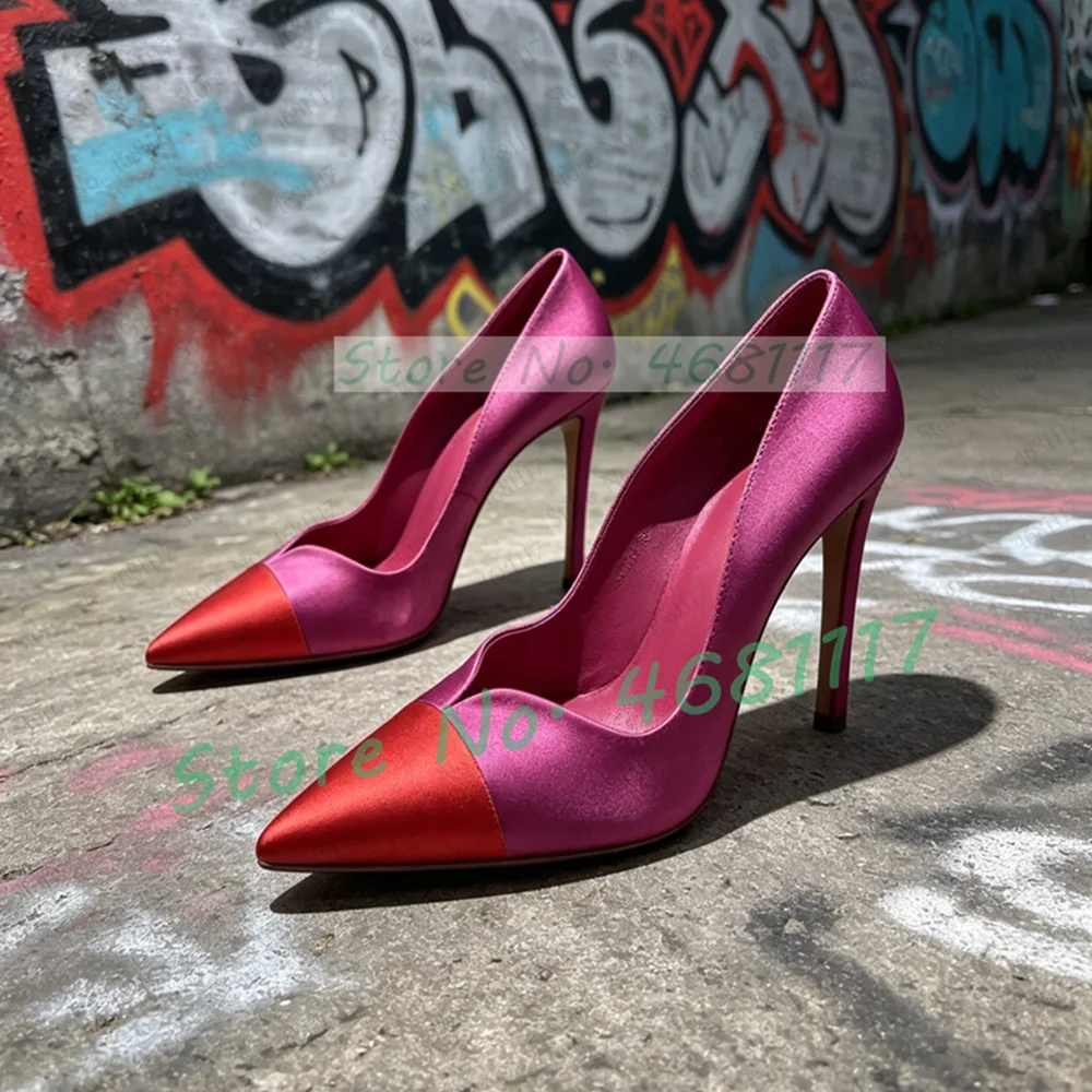 Rose Red Satin Pumps With Red Pointed Toe Women Sexy Wavy Edge Design High Heels Ladies Nifty Large Size Party Stiletto Shoes view 5