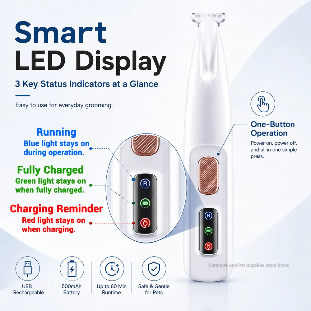 Pet Dog Electric Beauty Hair Trimmer Waterproof Pet Foot Hair Trimmer Low Noise Cat Dog Face Foot Ear Hip Claw LED Light Shaver - view 6