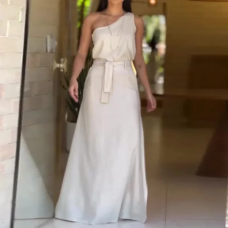 

Two Piece Skirt Sets Women One Shoulder Tops High Waist Lace Up Splice Long Skirts A Line Sleeveless Office Lady Spring