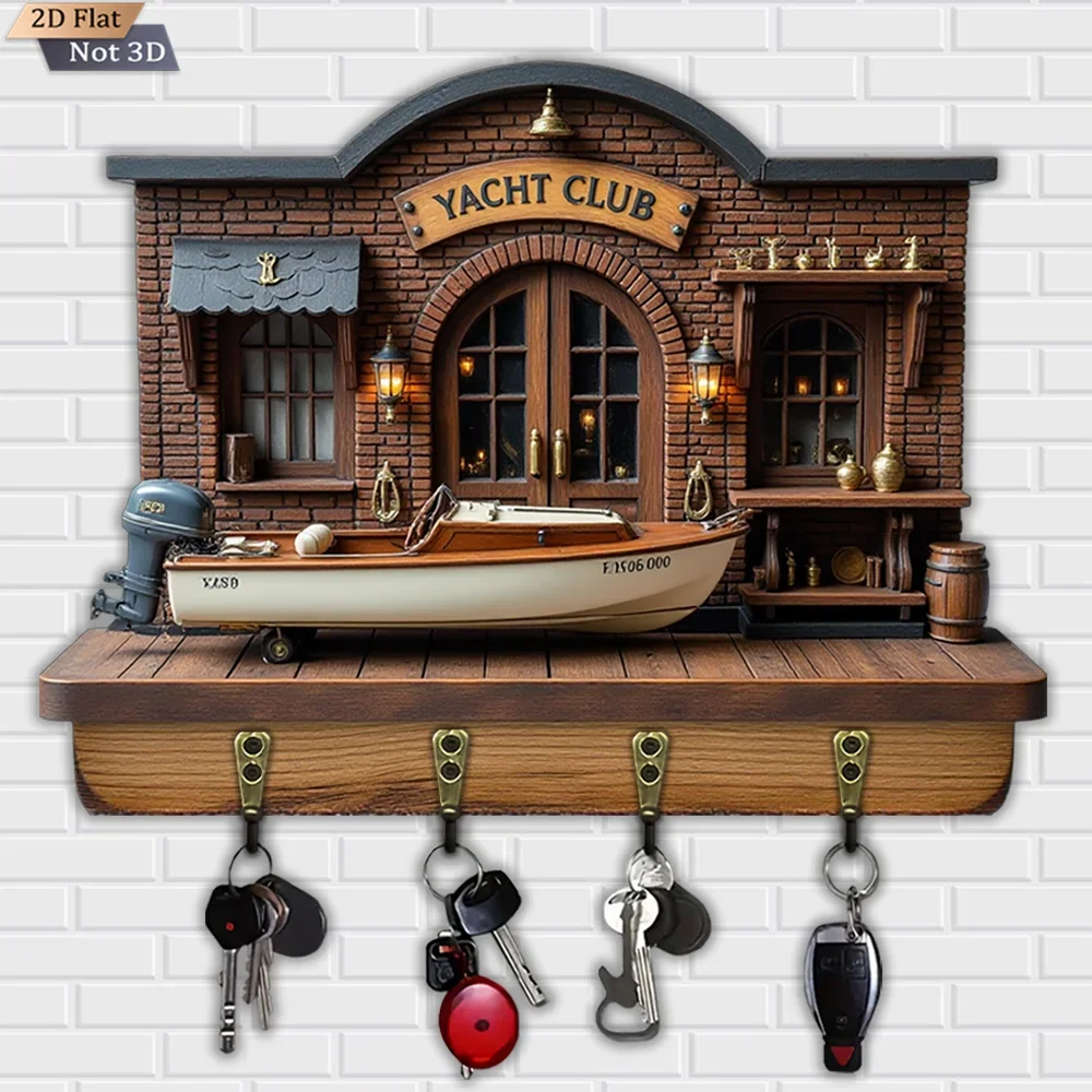 2D Flat, 1pc, Yacht Club Style Key Hook, Wooden Multifunctional Home Key Hook with Four Metal Hooks, Wall Decoration, Porch