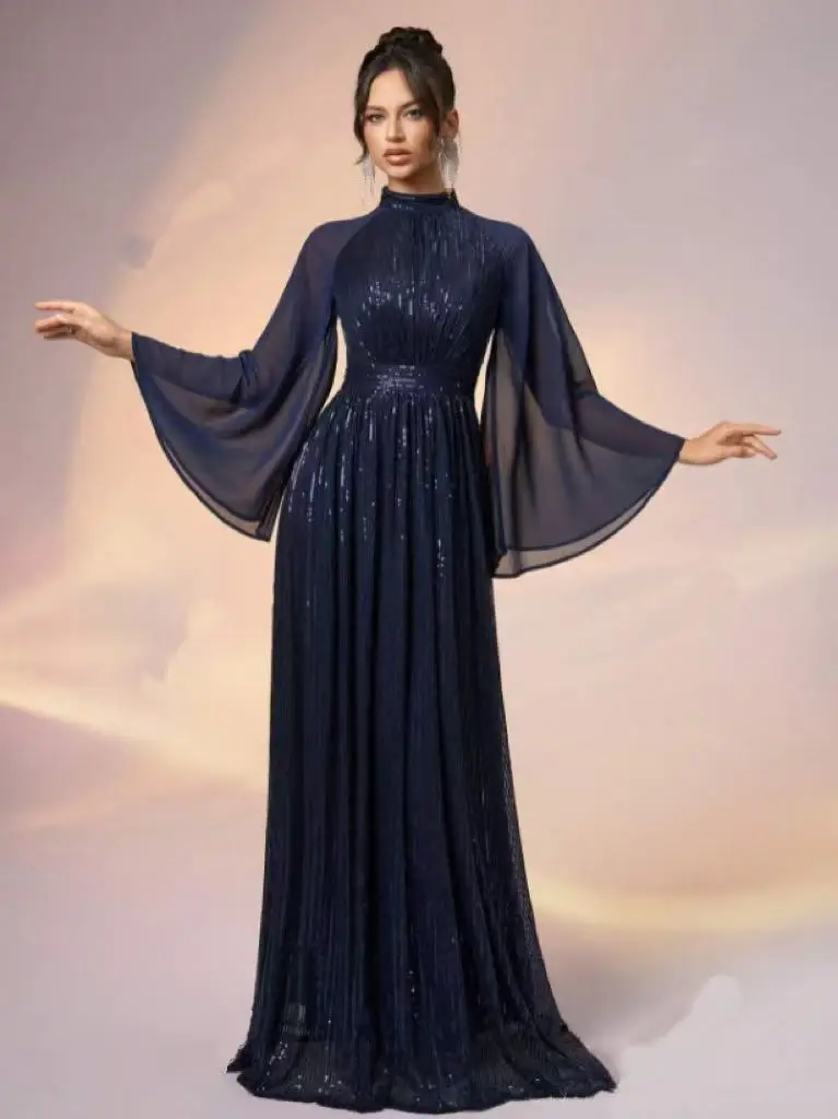 Elegant Women's Chiffon Paneled Sequin Evening Dress for Weddings & Parties - Round Neck, Flared Cuffs